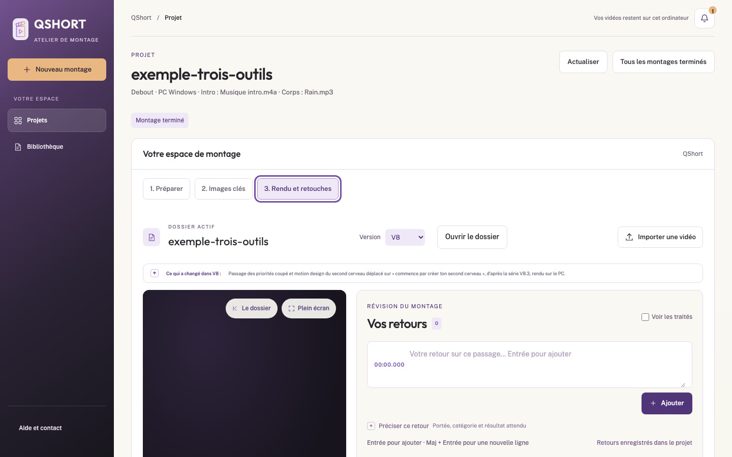 Lecteur du rendu avec remarques placées sur la timeline